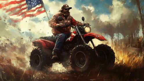 Bearded rider on red ATV with American flag in field.