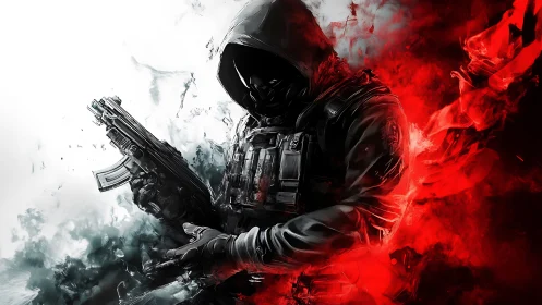 Hooded assault operative framed by red and white smoke
