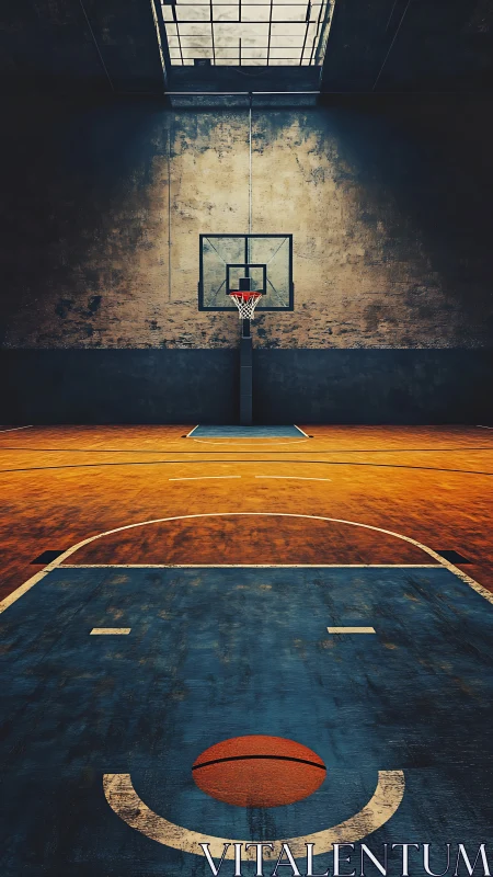 Solitary hoop waits in moody light on a worn urban court