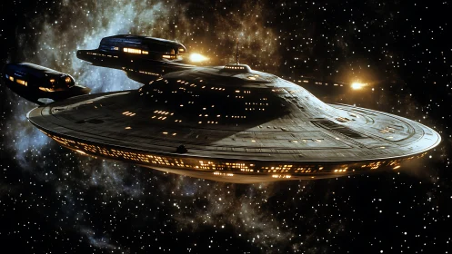 Large disc-shaped starship with lit hull in deep space.