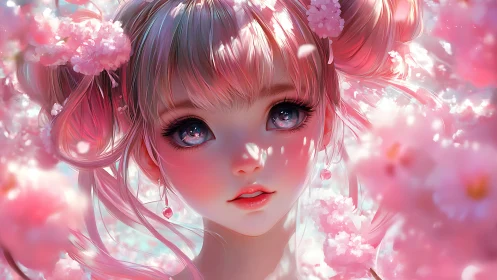 Pastel anime girl framed by soft pink cherry blossoms.