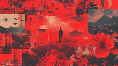 Crimson dreamscapes colliding around a lone wandering silhouette.