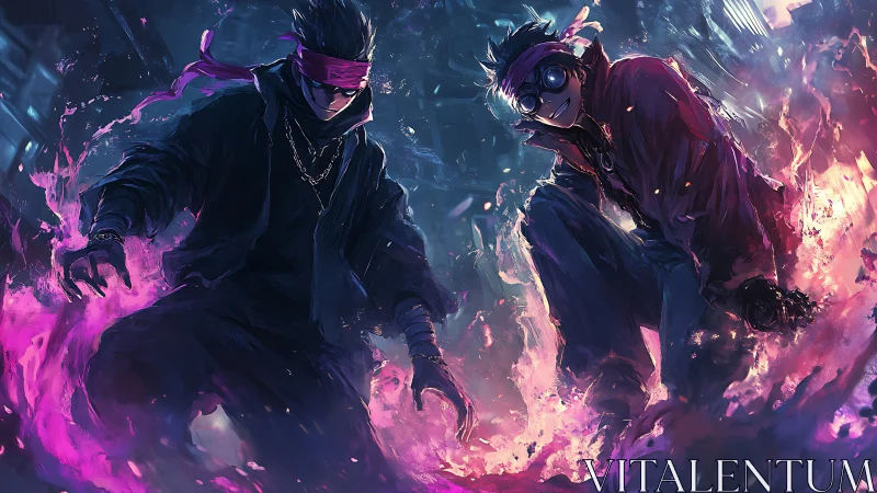 Streetlit sorcerers wrapped in neon fire and midnight swagger.