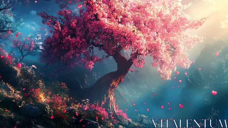 Blossom-twisted love tree scattering hearts into dawn air.