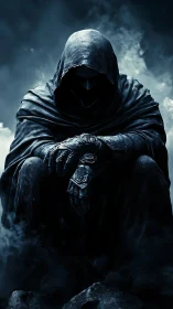 Hooded dark figure seated in smoke filled, moody scene.