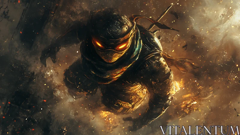 Flaming ninja warrior descending through ember‑lit smoke.