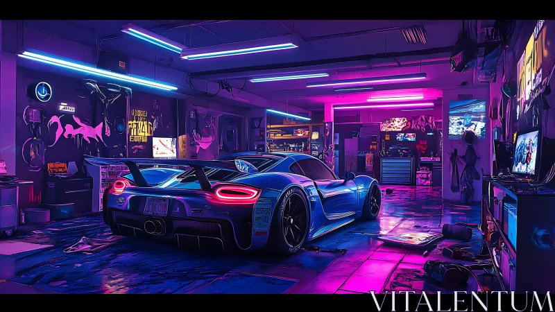 Neon blue supercar idles in a cyberpunk tuning garage.