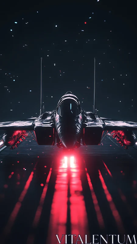 Futuristic jet fighter on runway with red engine glow.