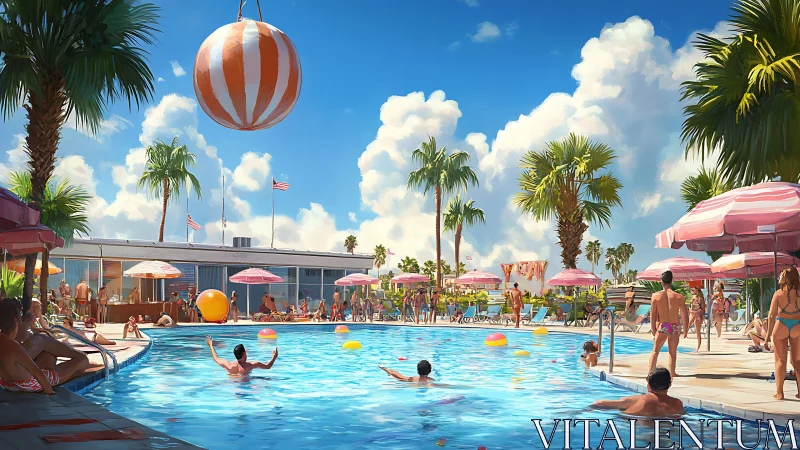 Sunlit retro pool paradise under cotton clouds and candy shades.