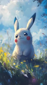 Fluffy yellow creature rests in meadow under bright sky