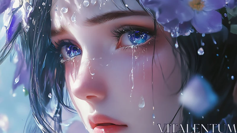 Close-up digital portrait of girl with water and flowers.