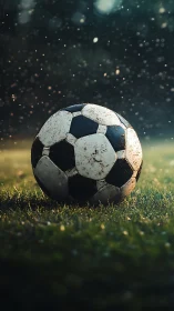 Weathered soccer ball rests on wet grass in shallow focus