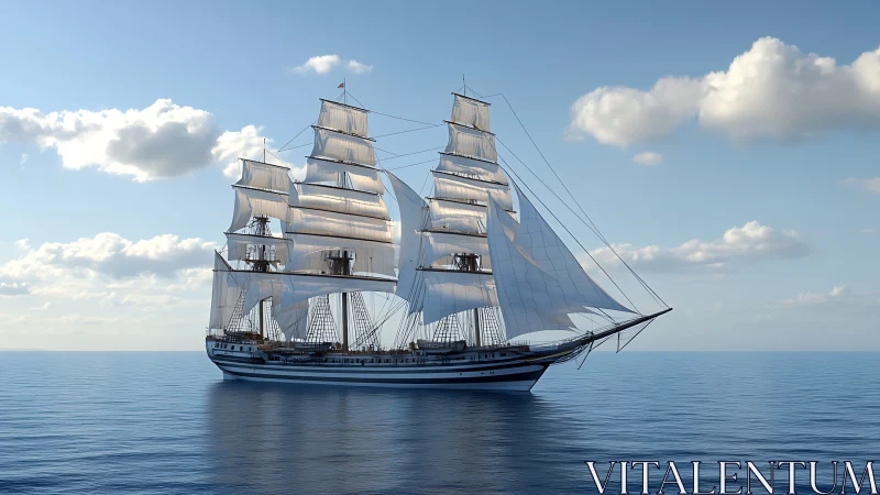 Tri-masted square-rigged barque under full sail on calm sea.