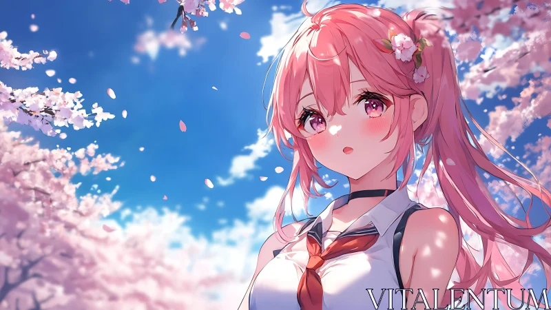 Pink-haired anime girl under radiant cherry blossoms gazes upward.
