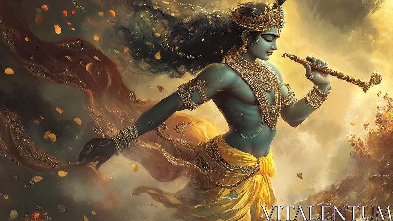 Krishna figure playing flute in flowing golden landscape.