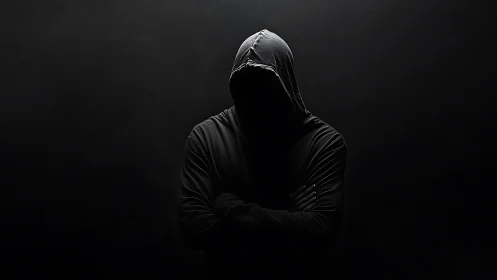 Shadowed hooded figure stands quietly in dramatic darkness