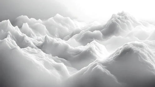 Ethereal monochrome mountains rise through layered digital mist