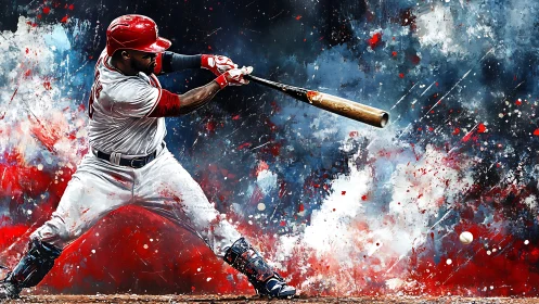Dynamic baseball swing rendered in high-contrast abstract splatter art