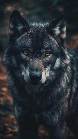 High-contrast frontal wolf portrait with shallow depth of field