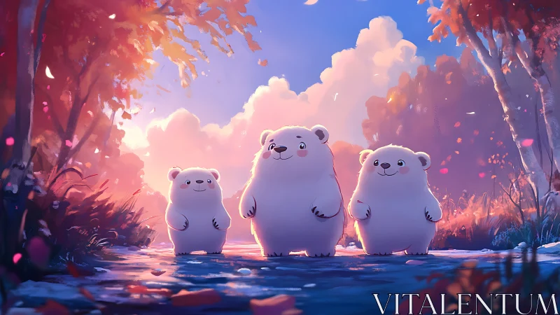 Three cartoon polar bears walk through glowing autumn forest