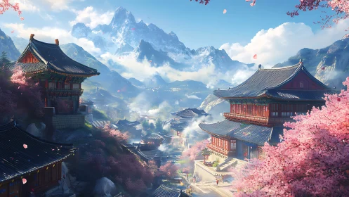 Peaceful mountain temple town embraced by cherry blossoms.