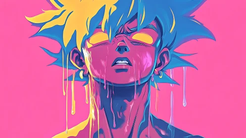 Neon anime warrior melts in bold surreal color drips