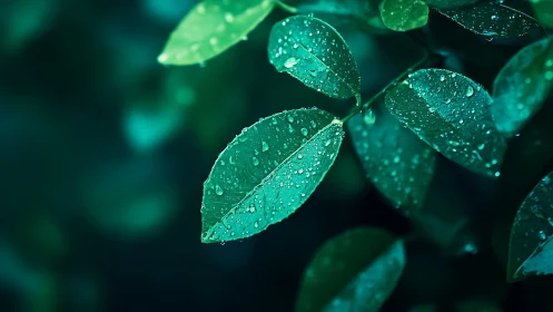 Close-up of green leaves with fresh raindrops at night.