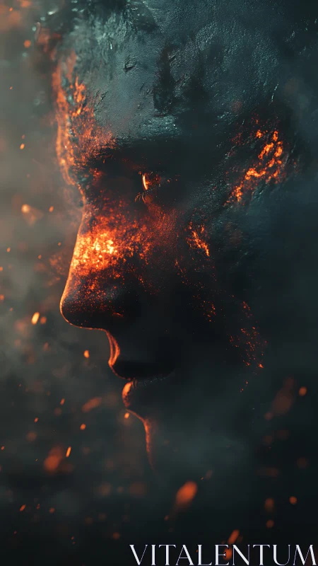 Volcanic human profile rendered in ember fractured chiaroscuro.