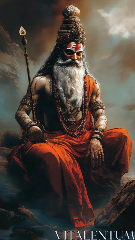 Digital painting of ascetic sage with staff and ornate regalia.