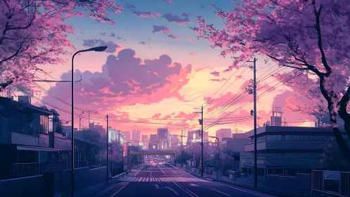 Sunset illuminates quiet cherry blossom lined city street