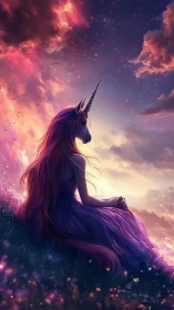 Dreamy unicorn girl resting beneath a glowing twilight sky.