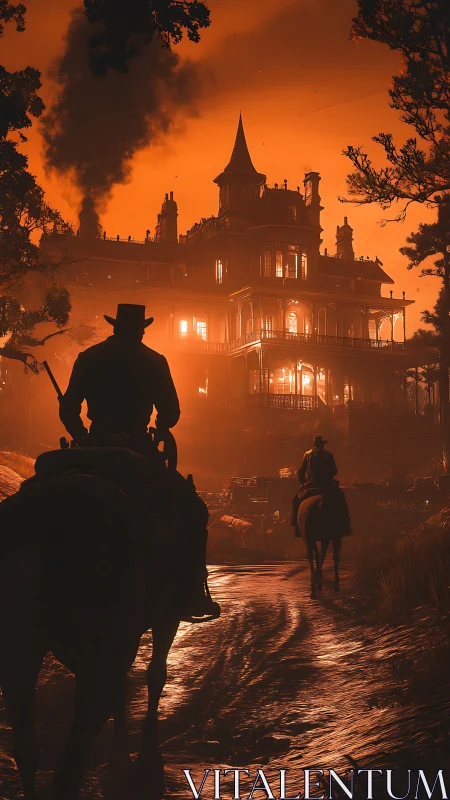Cinematic cowboy silhouettes approach a burning Victorian mansion