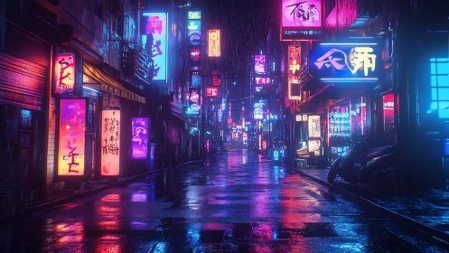 Rain soaked neon alley with reflective urban signage.