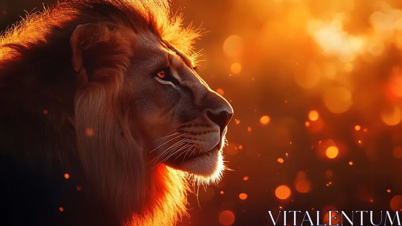 High-detail lion profile rendered in warm backlit bokeh environment