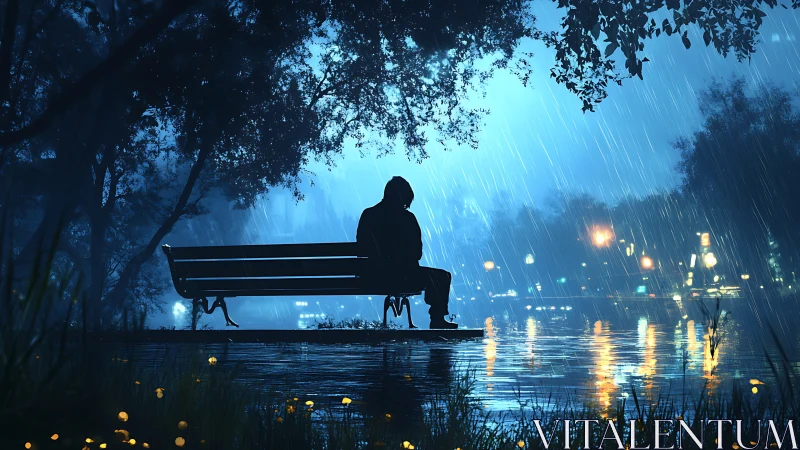 Hooded figure on park bench in nocturnal rain-soaked cityscape