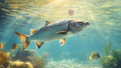 Large silver fish swims through clear sunlit reef water