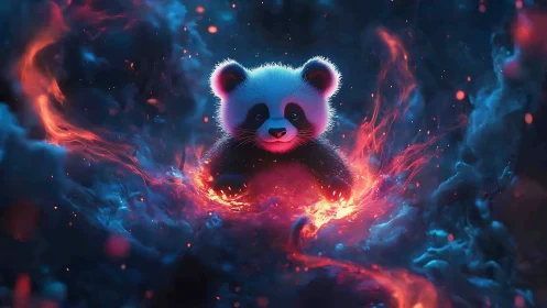 Cosmic baby panda amid glowing embers and neon haze.