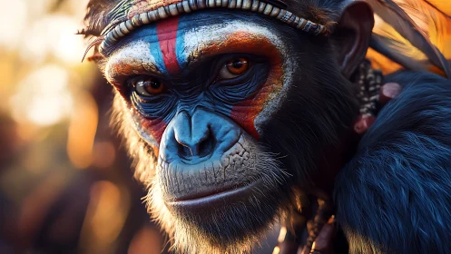 Tribal marked chimpanzee portrait shows intense frontal gaze