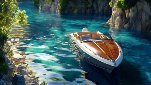 Sunlit wooden speedboat glides through a glassy turquoise cove