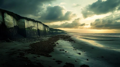 Moody low-tide coastal cliffs under dramatic storm sunset