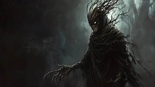 Shadow wraith entity with twisted roots in foggy void.
