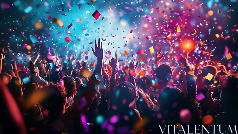 Joyful crowd dancing under swirling confetti and color.