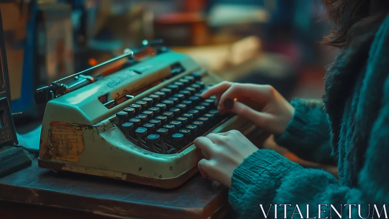 Vintage typewriter in warm bokeh-lit writer&rsquo;s workspace.