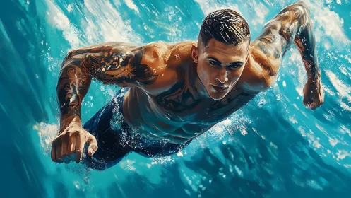Tattooed swimmer powers through dynamic turquoise waves.