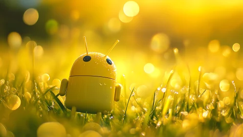 Cute yellow robot toy glows in golden sunrise dew