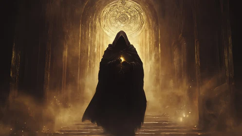 Cloaked figure ascends cathedral steps under radiant sigil portal
