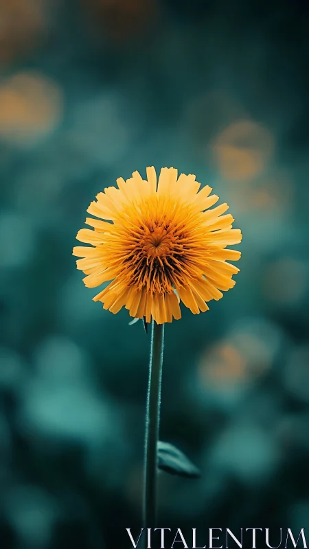 Dandelion bloom glows against deep teal bokeh field.