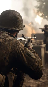 Soldiers engaging in urban combat with rifles and explosions.
