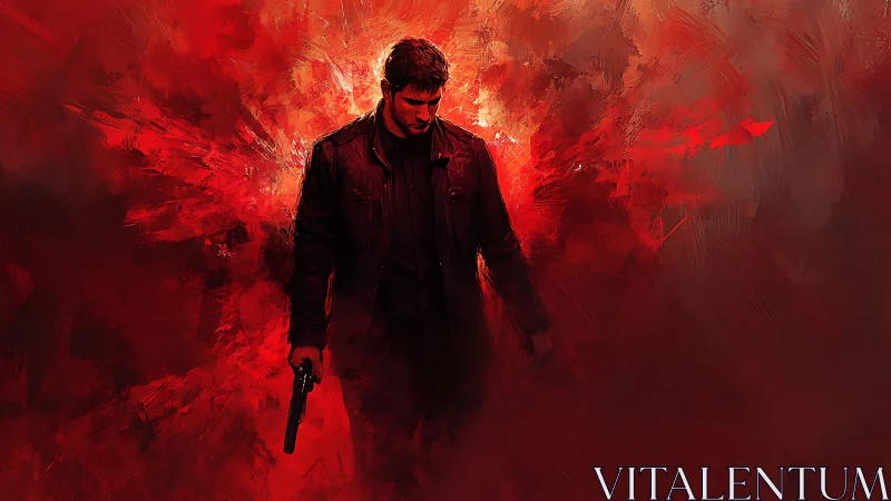 Solitary armed figure stands amid dense abstract red field