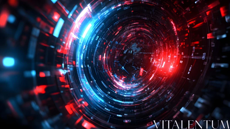Futuristic Digital Tunnel With Neon Red and Blue Lights, Sci-Fi Art.